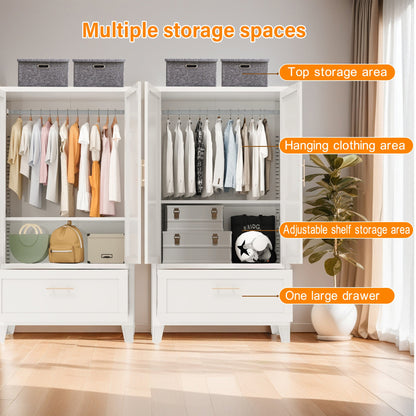 60" Tall Metal Wardrobe Cabinet with Drawer | Hanging Rod