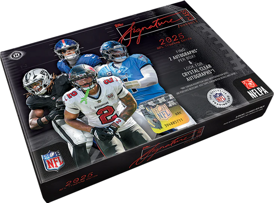 Football trading card box featuring players and NFL logos on a black background