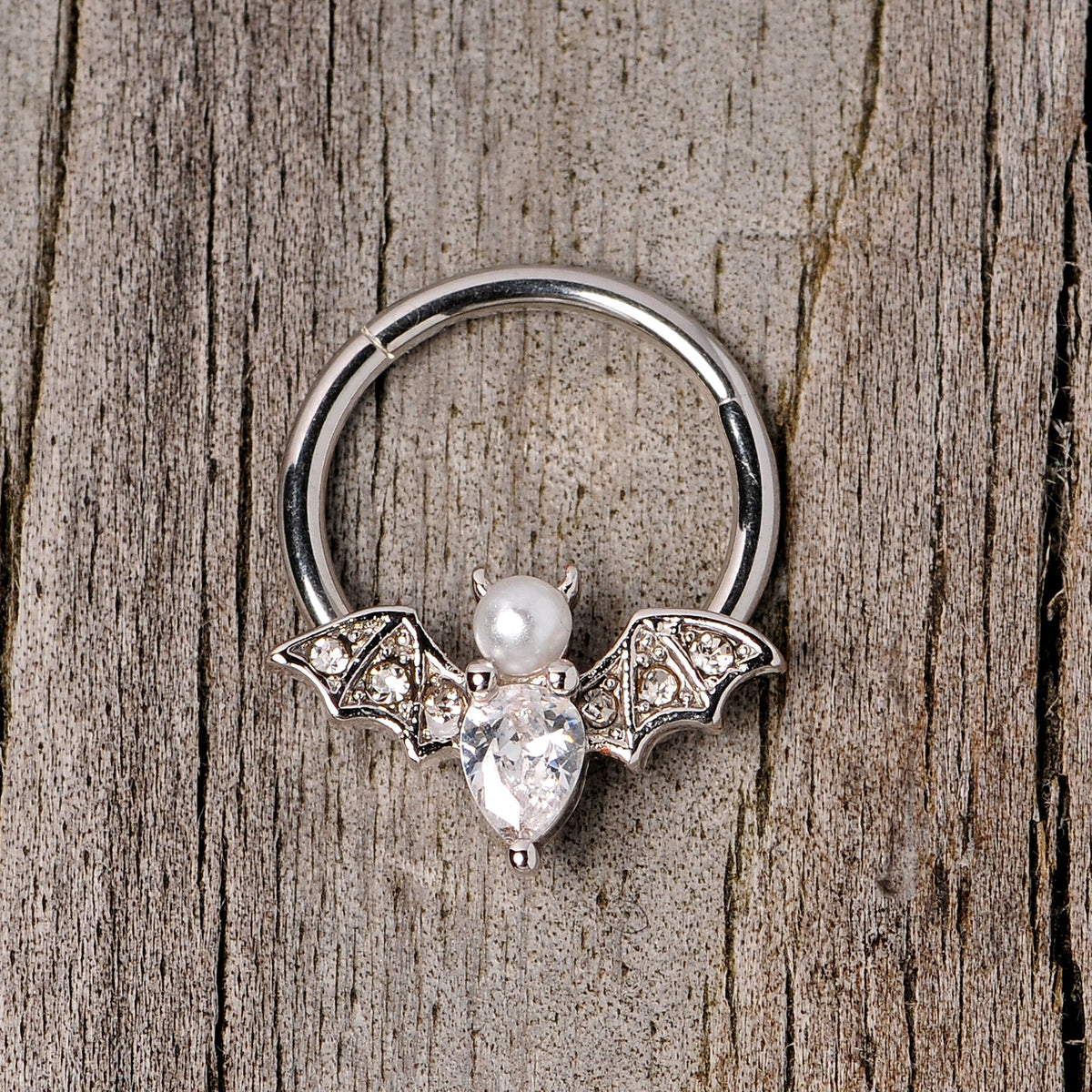 16G 3/8 Clear Gem Vampire Bat | Hinged Segment Ring