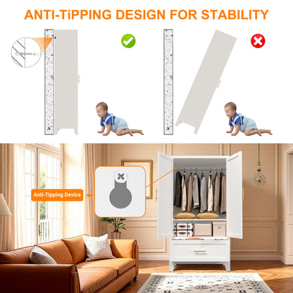 60" Tall Metal Wardrobe Cabinet with Drawer | Hanging Rod