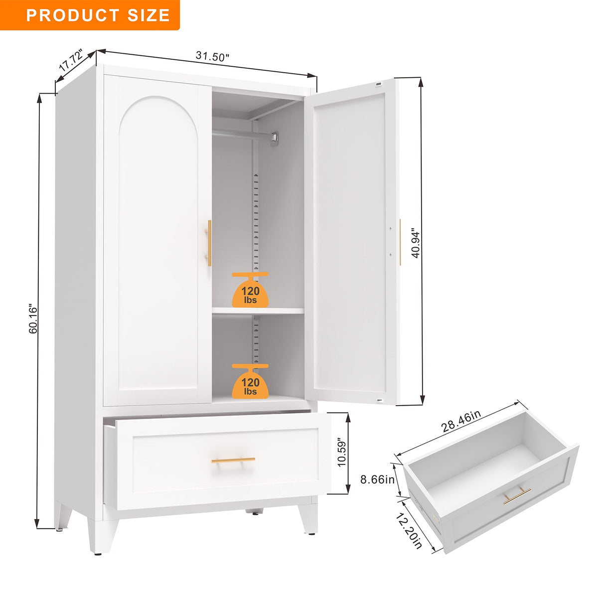 60" Tall Metal Wardrobe Cabinet with Drawer | Hanging Rod