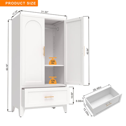 60" Tall Metal Wardrobe Cabinet with Drawer | Hanging Rod