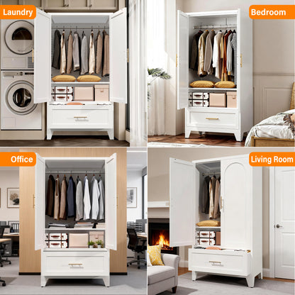 60" Tall Metal Wardrobe Cabinet with Drawer | Hanging Rod