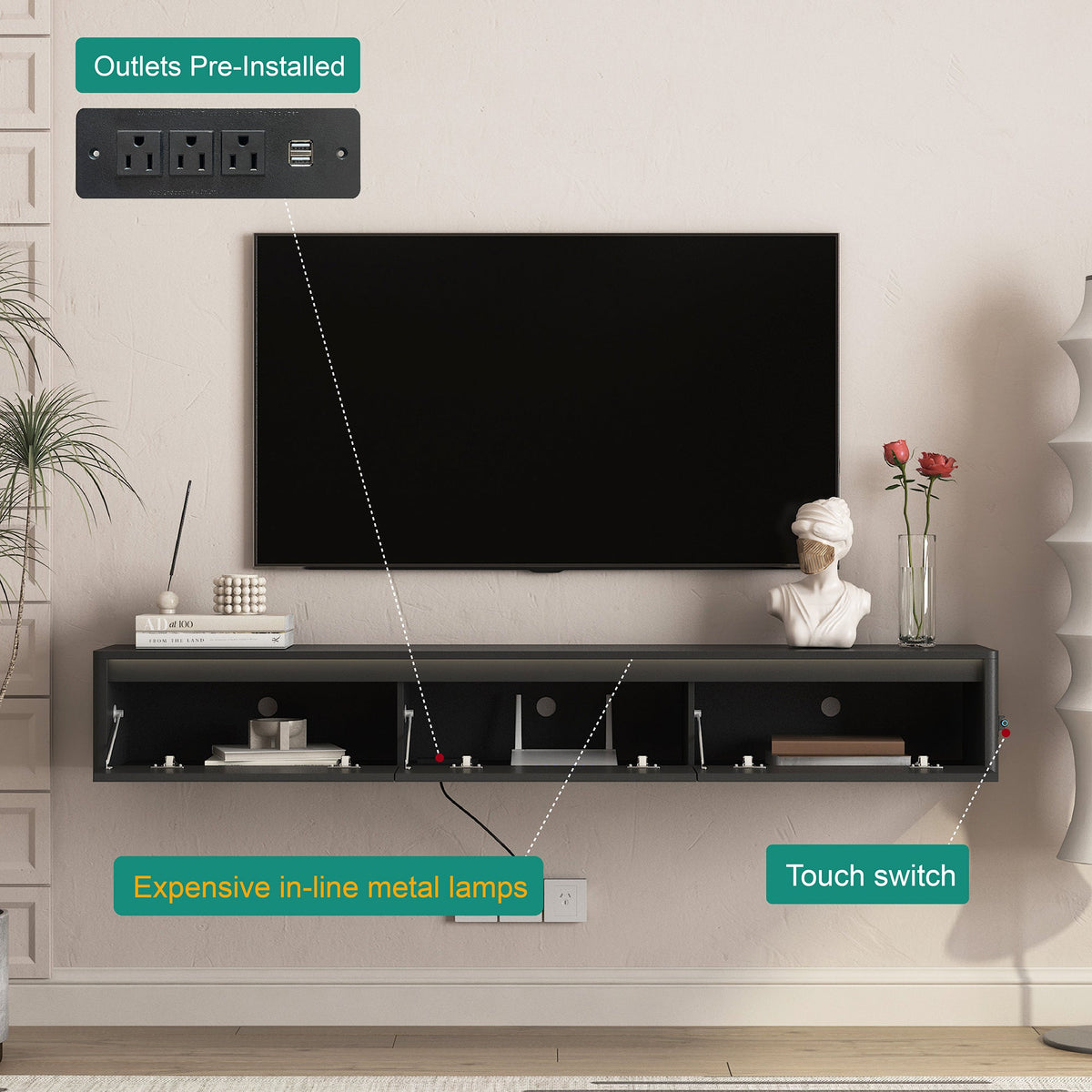 Floating TV Stand with LED Lights & Power Outlet
