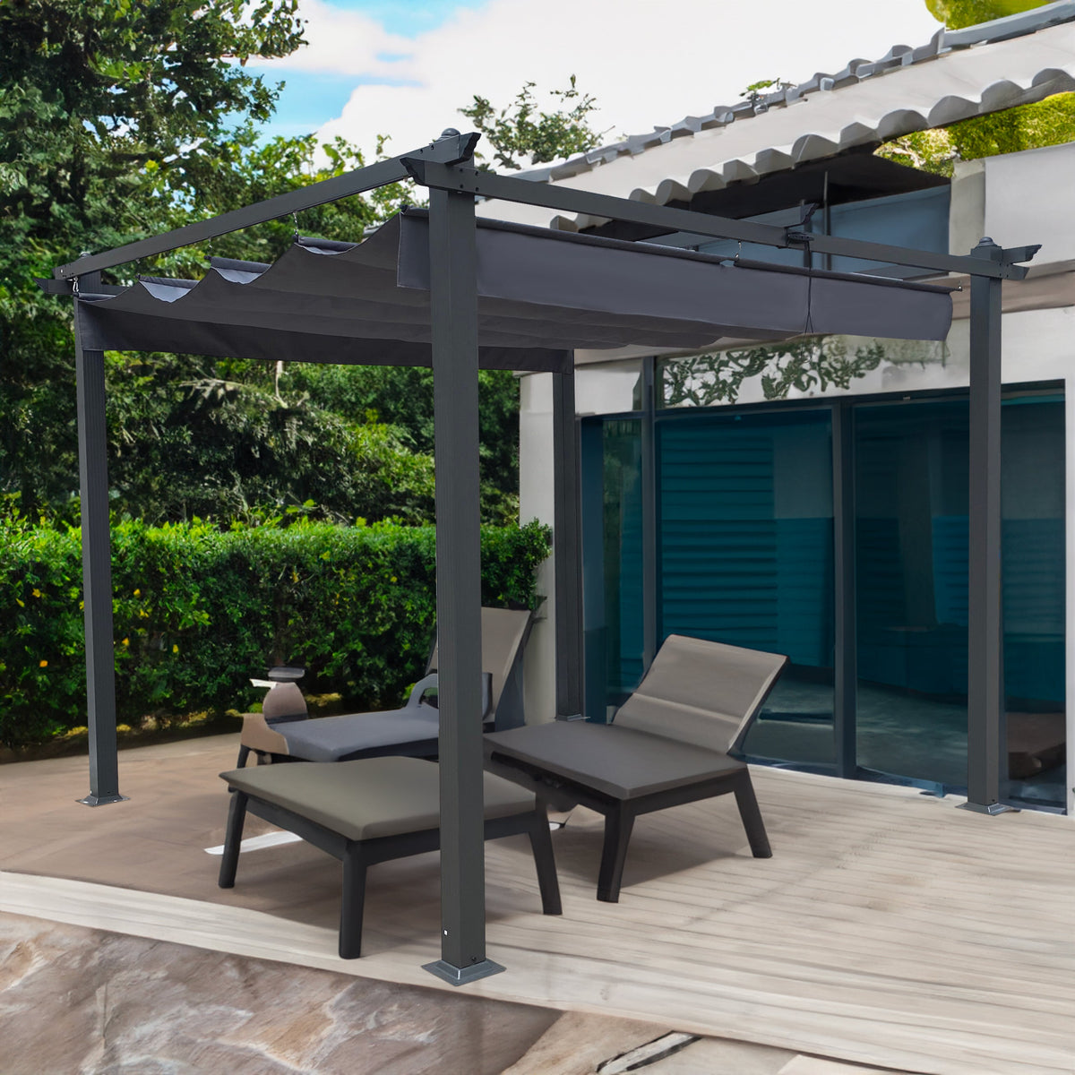 10x10 Ft Patio Retractable Pergolla | Chairs|Table|Ottoman/Not INCL