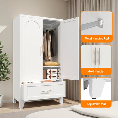 60" Tall Metal Wardrobe Cabinet with Drawer | Hanging Rod