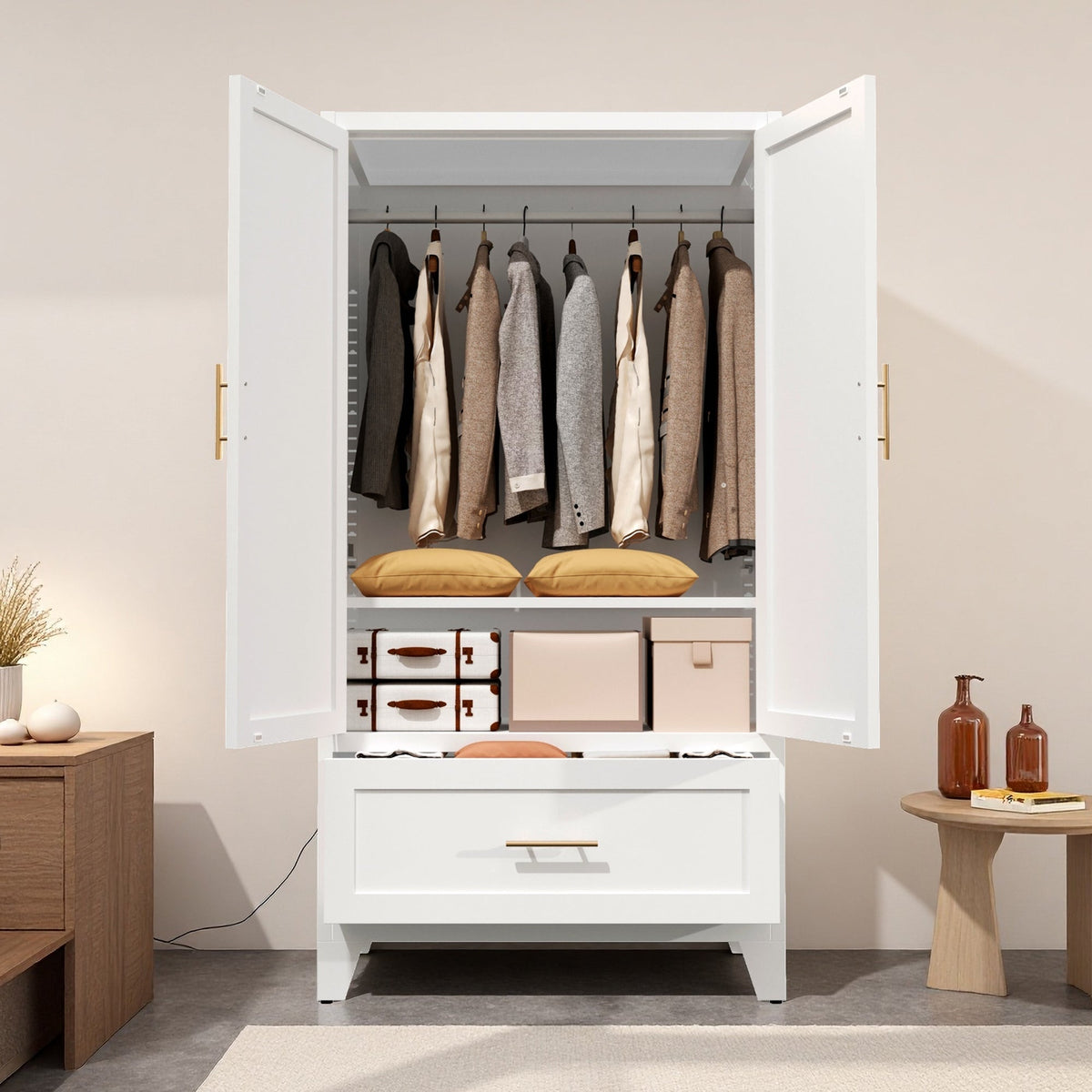 60" Tall Metal Wardrobe Cabinet with Drawer | Hanging Rod