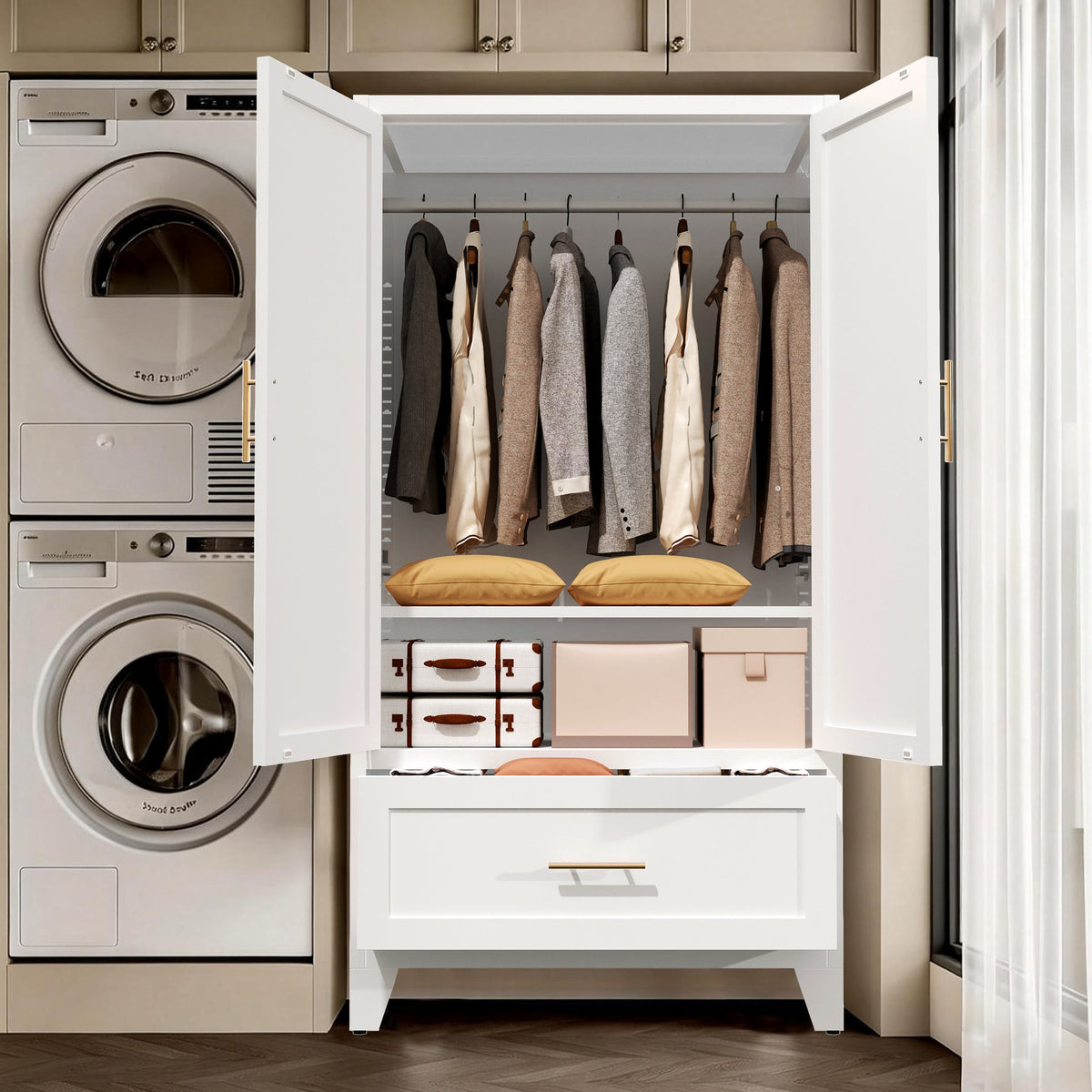 60" Tall Metal Wardrobe Cabinet with Drawer | Hanging Rod