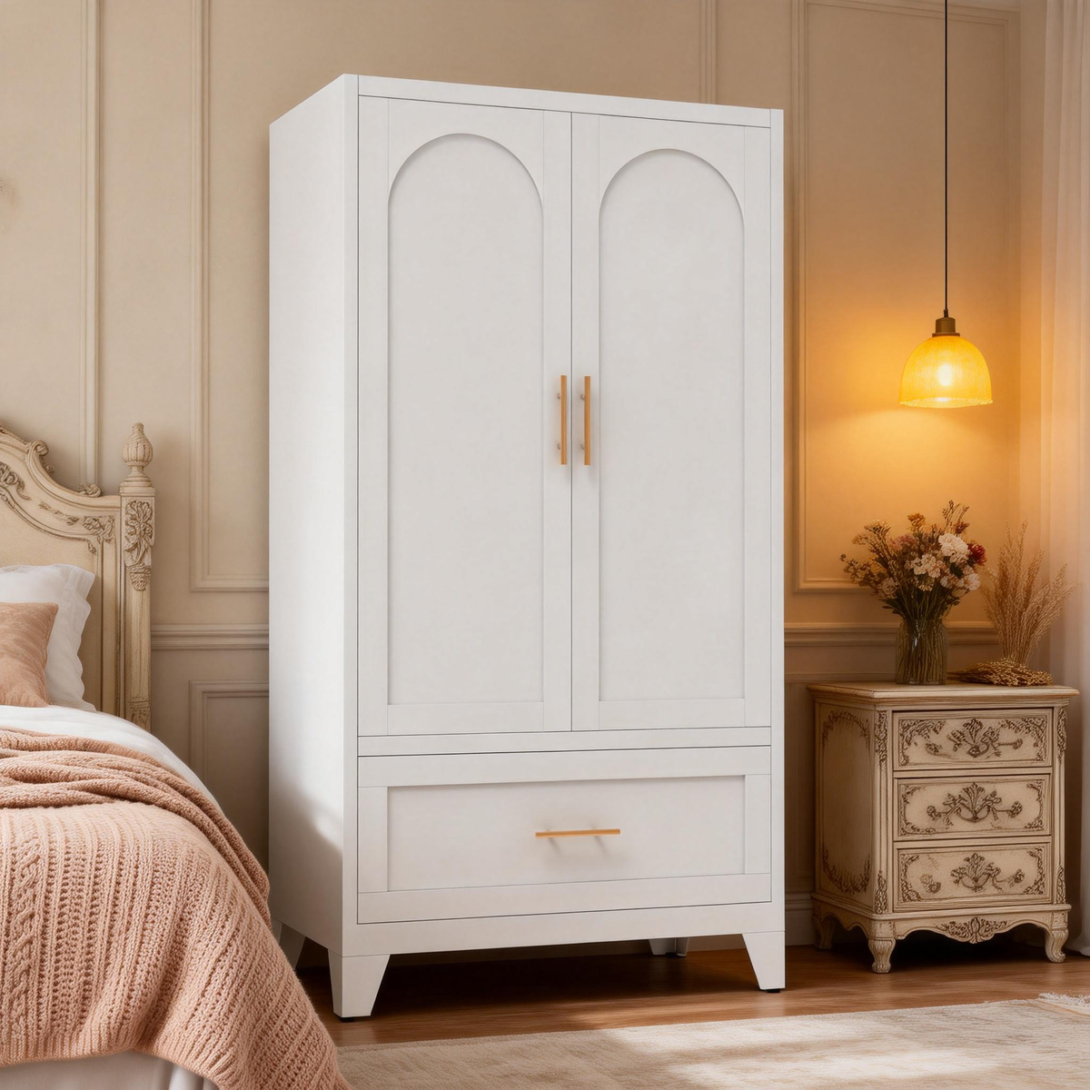 60" Tall Metal Wardrobe Cabinet with Drawer | Hanging Rod