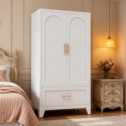 60" Tall Metal Wardrobe Cabinet with Drawer | Hanging Rod
